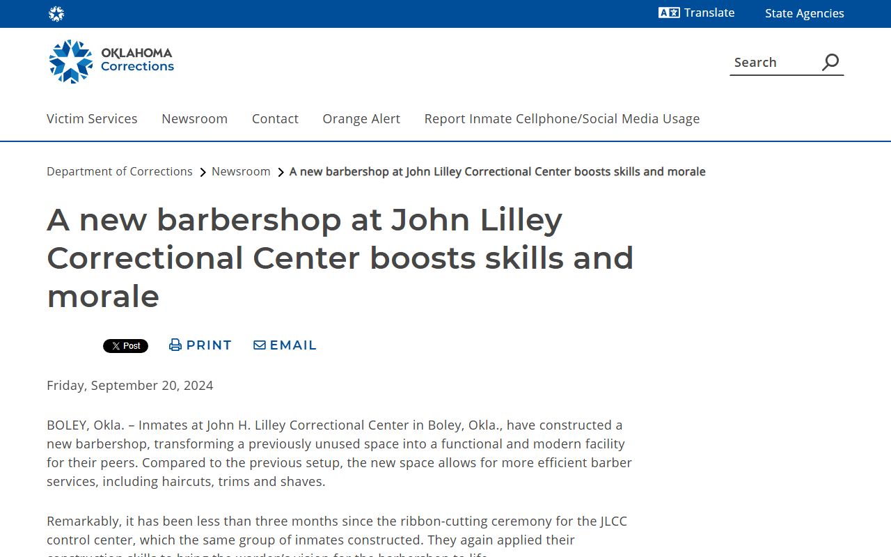 John H. Lilley Correctional Center inmate program barbershop and population detail